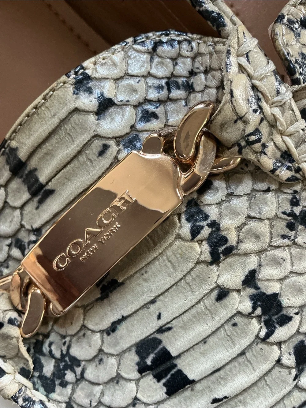 Coach Women’s Snake-Print Loafers in Cream and Black with Gold Hardware